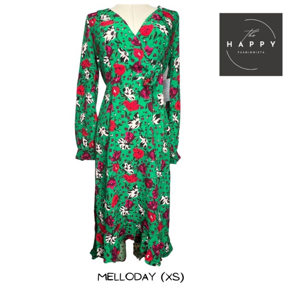 NWT MELLODAY Green Floral Print Wrap Dress with Side Tie (XS)